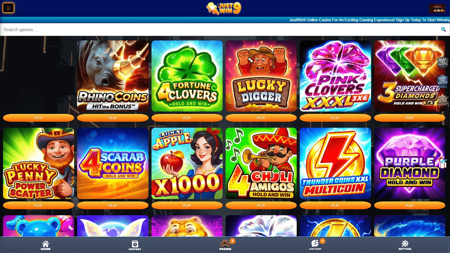 Justwin9 Casino desktop games view with casino and live game options