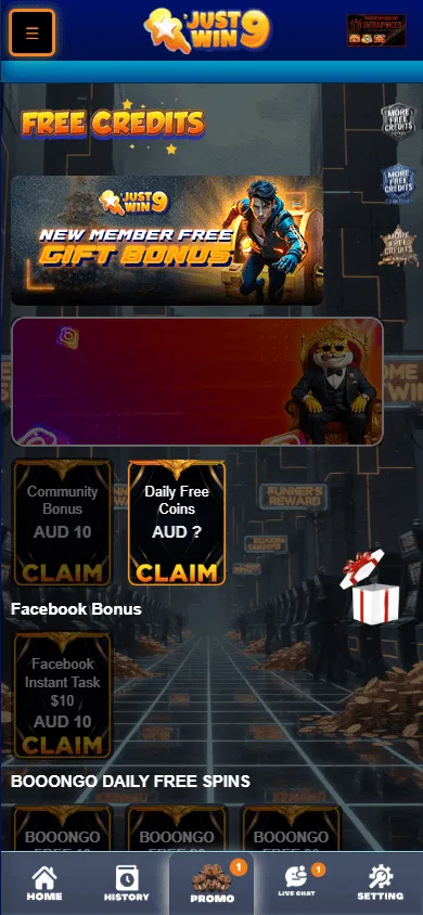 Justwin9 Casino mobile promotions view with the welcome bonus and no deposit offer