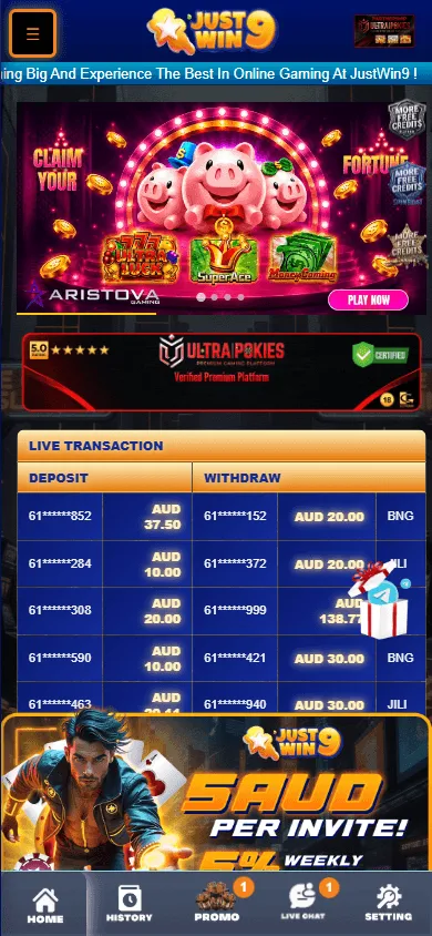 Justwin9 Casino mobile home view for Android and iOS players