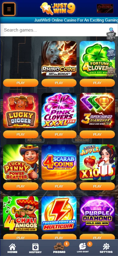 Justwin9 Casino mobile games view with casino and live game options