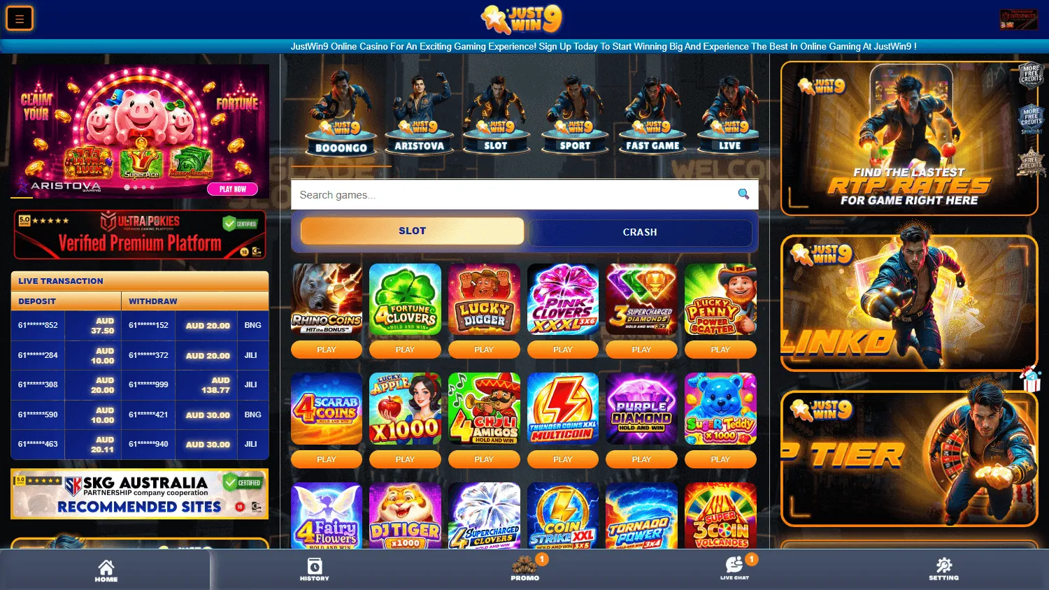 Justwin9 Casino desktop home view with the main casino and betting offer
