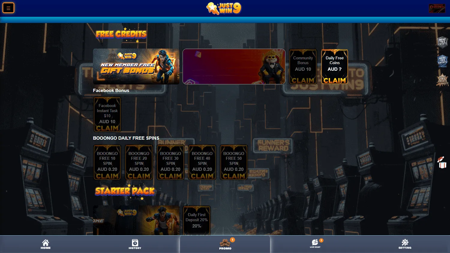 Justwin9 Casino desktop promotions view with the welcome and no deposit offers